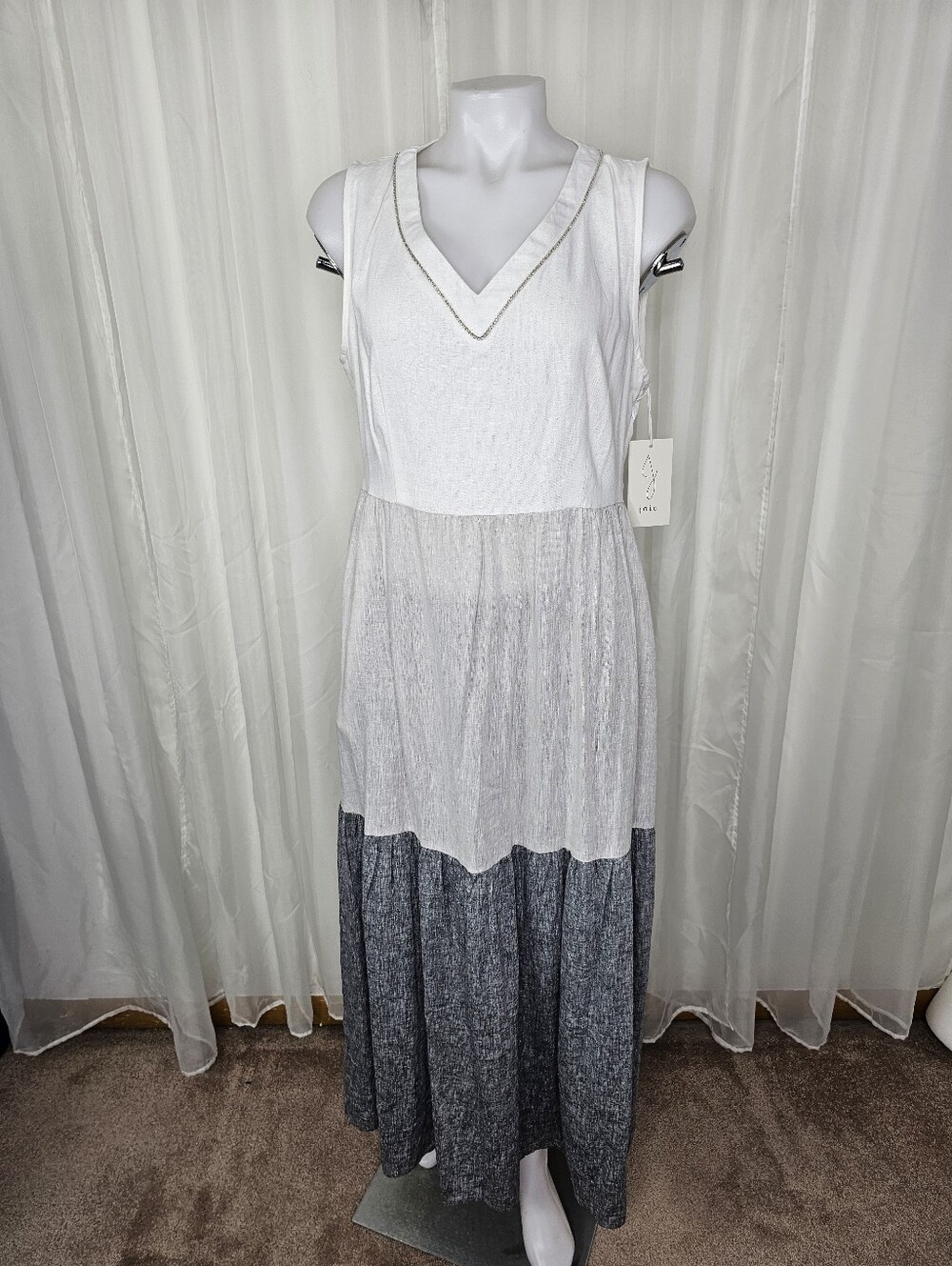 Joie Linen Blend Colorblock Tiered Maxi Dress Gray Charcoal White NEW Size Med